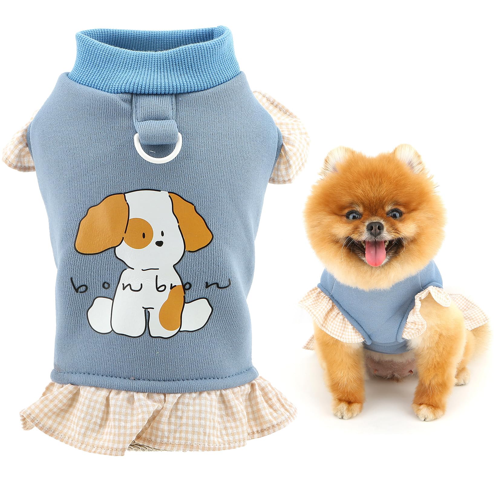 SMALLLEE_LUCKY_STORE Fleece Lined Dog Sweatshirt for Extra Small Dogs, Cute Doggie Pattern Pet Jumper Pullover with D-ring Warm Cozy Puppy Winter Autumn Sweater Chihuahua Yorkshire Clothes Blue XS