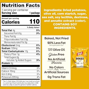 Baked Lays Potato Chips, Original, 0.875 oz Bags, (40 Pack), 50% Less Fat, Gluten Free, No Artificial Flavors, No Colors from Artificial Sources