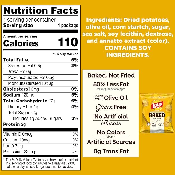 Baked Lays Potato Chips, Original, 0.875 oz Bags, (40 Pack), 50% Less Fat, Gluten Free, No Artificial Flavors, No Colors from Artificial Sources