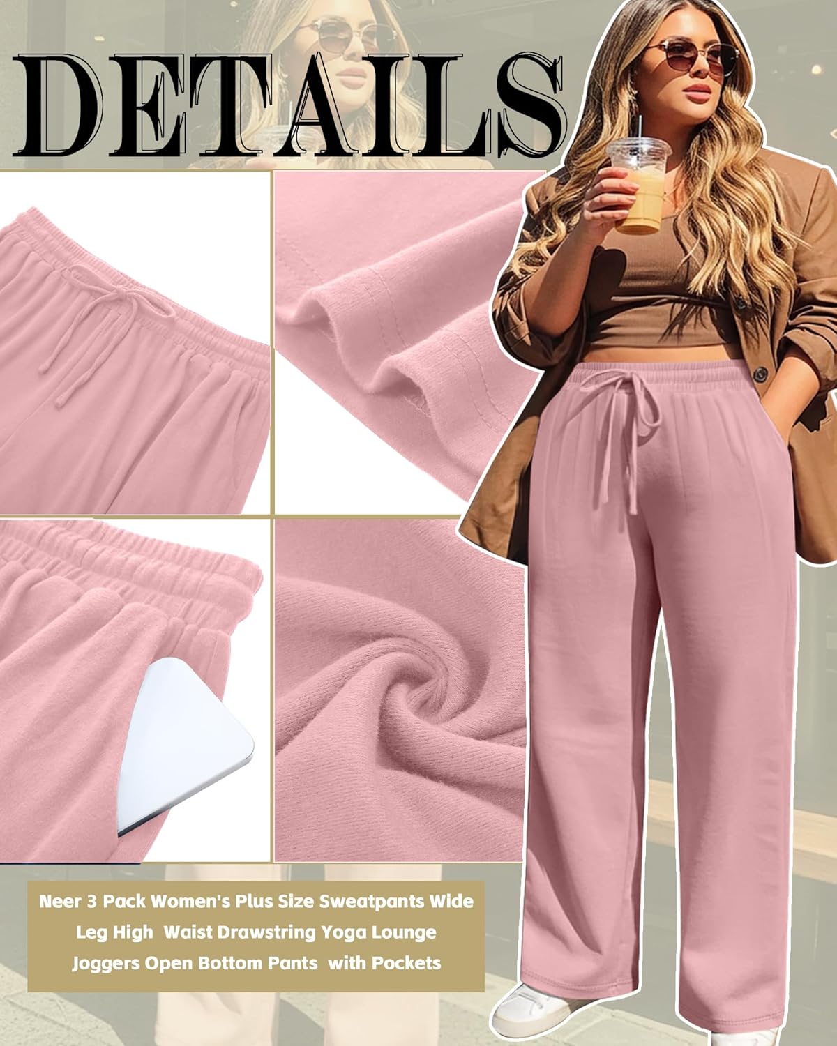 Neer 3 Pack Women's Plus Size Sweatpants Wide Leg High Waist Drawstring Yoga Lounge Joggers Open Bottom Pants with Pockets - Image 5