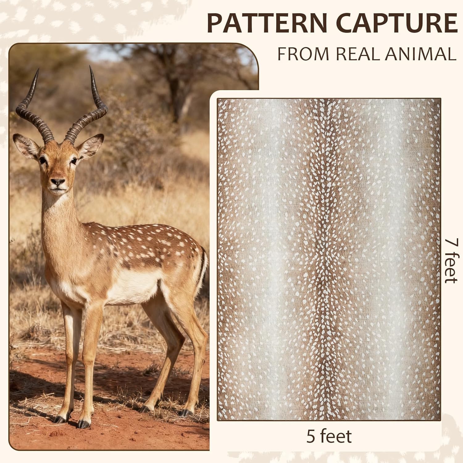 Premium Antelope Rug, Soft Animal Print Rugs for Living Room Bedroom, 5x7 feet, Non-Slip, Machine Washable Carpets for Home Room Decor, Brown