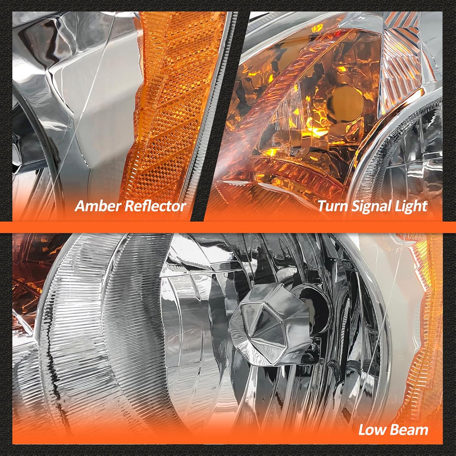 Headlight Assembly for 2005 2006 Honda CRV 4Door Sport Utility Chrome Housing Amber Reflector Headlamp Replacement Left and Right Side
