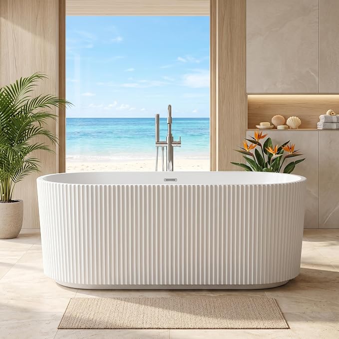59" Acrylic Freestanding Soaking Bathtub, Deep Ergonomic Design with Lumbar