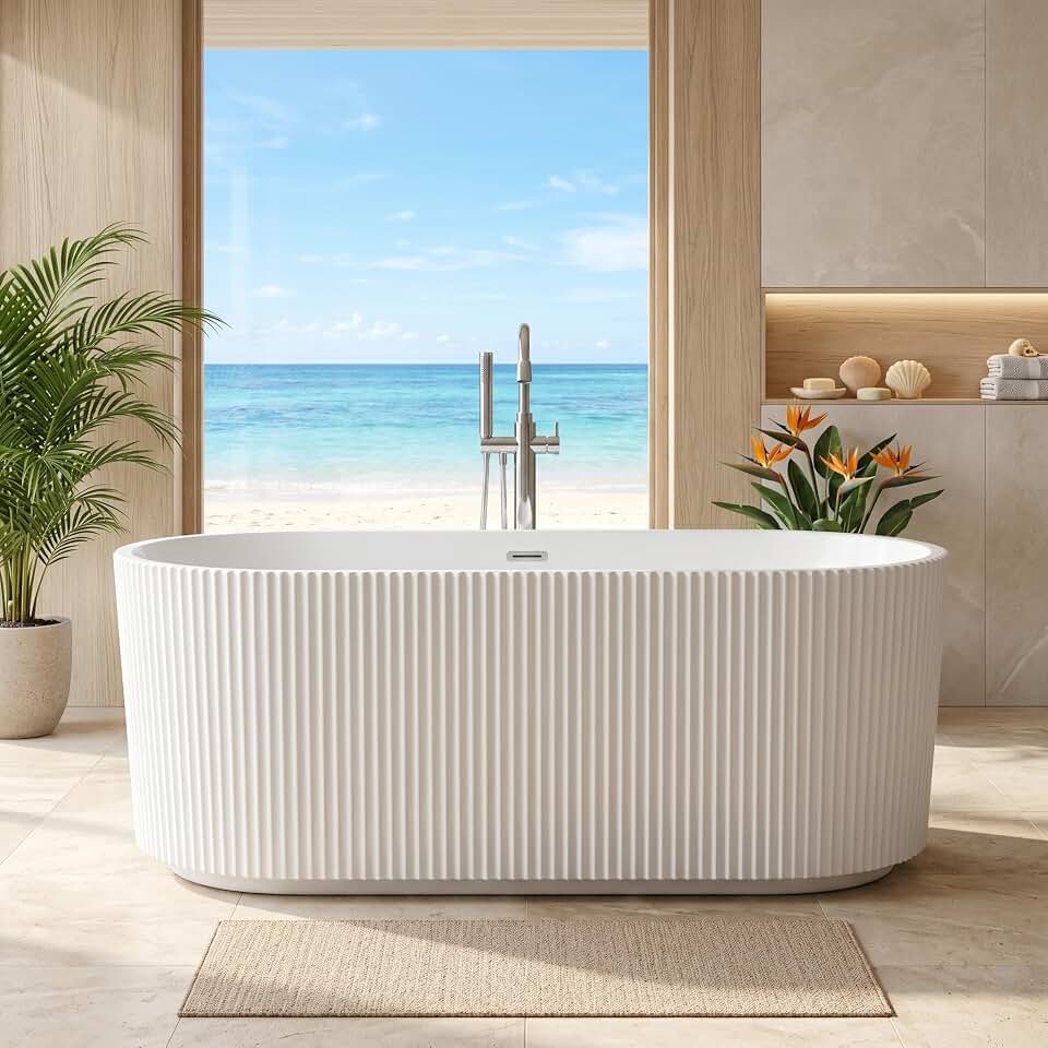 59" Acrylic Freestanding Soaking Bathtub, Deep Ergonomic Design with Lumbar Support, Integrated Overflow Drain, Non-Slip Base,cUPC Certified Modern Bathroom Tub, Easy Installation for Bathroom