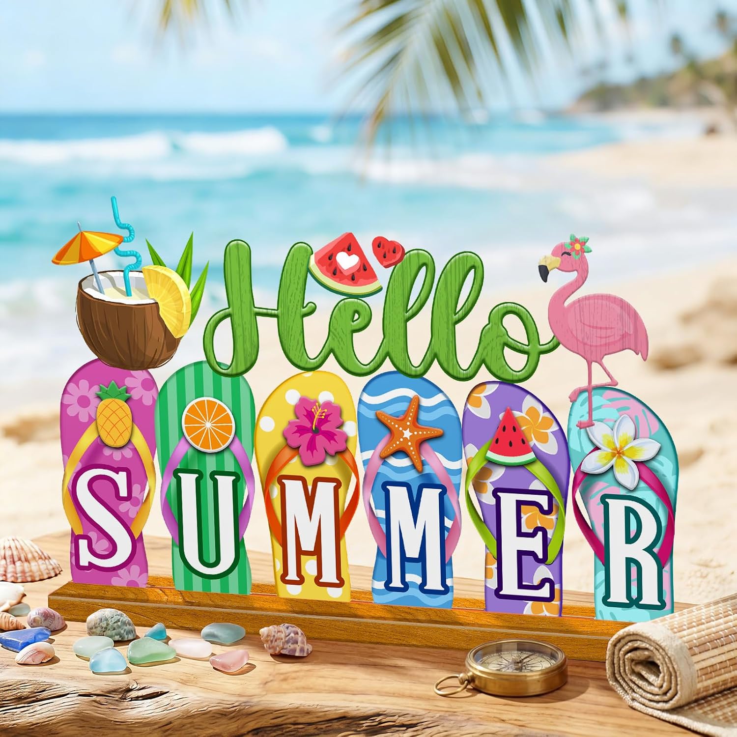 Cinnvoice Hello Summer Table Sign, Flip Flops Fruits Decorations for Home image 3