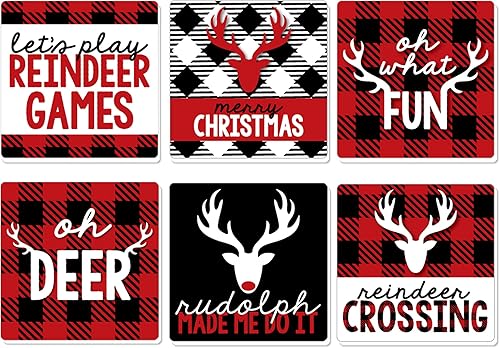 Big Dot of Happiness Prancing Plaid Divertidas decoraciones de renos y fiestas de Navidad Posavasos Juego de 6