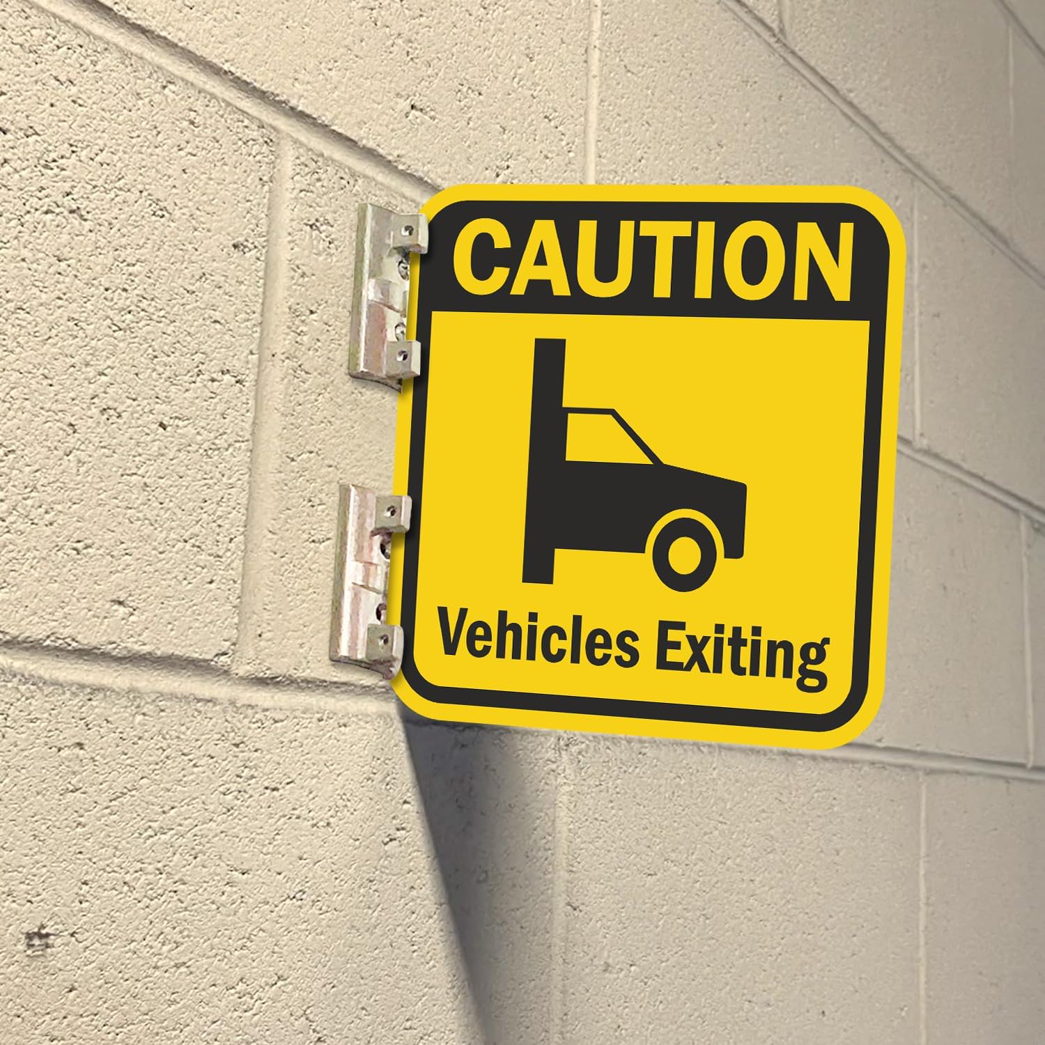 SmartSign Double-Sided Caution Vehicles Exiting Sign with Brackets for Easy Installation, 12" x 12", 63 mil Aluminum Metal, 3M Laminated EG Reflective, USA-Made, Yellow and Black