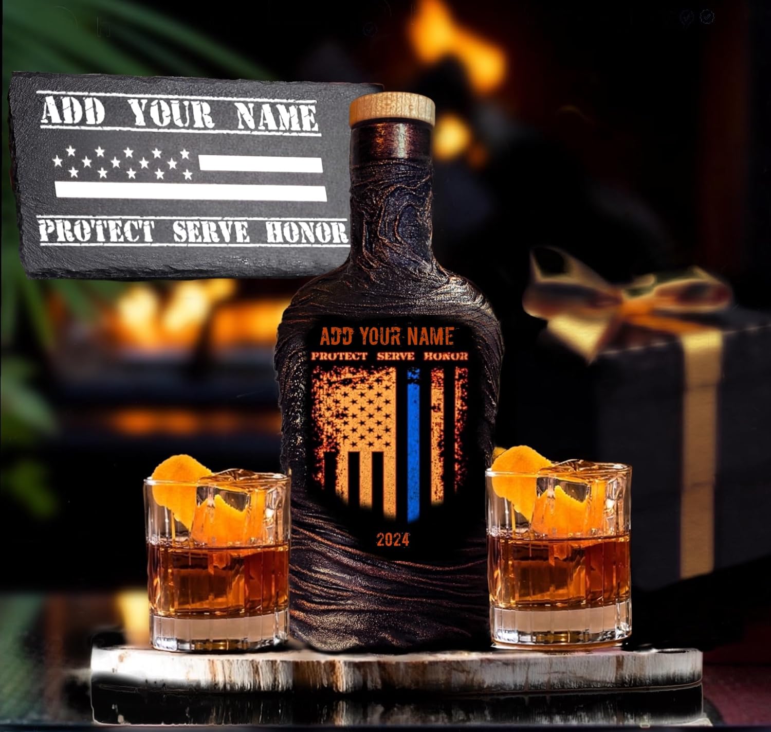 Personalized Police Whiskey Decanter Set for Men, Dad, Officer, Captain, Sergeant - Includes Custom Decanter, Glasses, Serving Board, Gift Box -