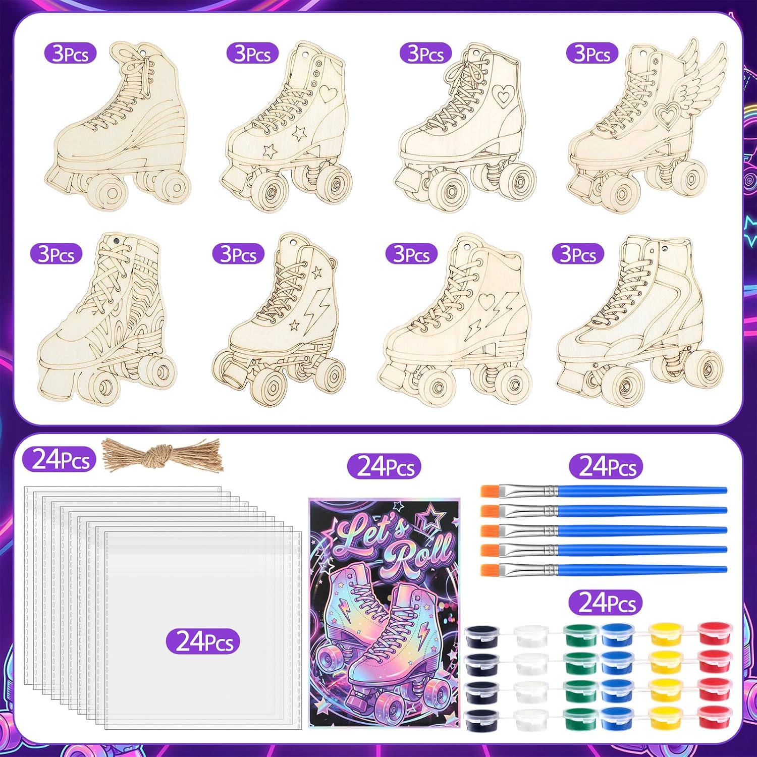 Saypacck 24 Pcs Roller Skate Party Favors Wooden Paint Craft Kits
