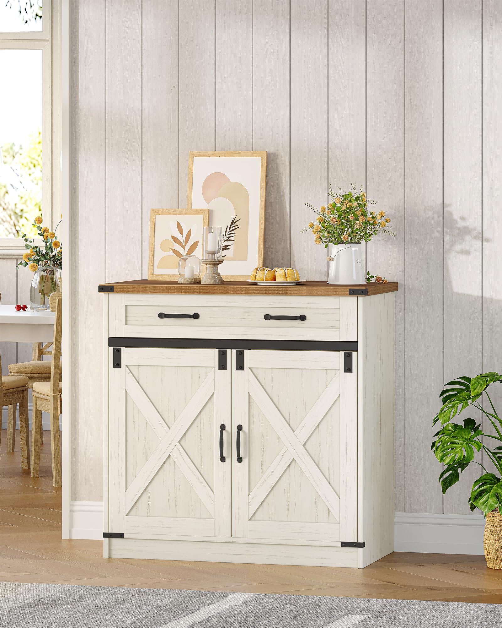 Hzuaneri Meuble Cuisine, Buffet à 1 Tiroir, Meuble de Rangement à 2 Portes, Étagères Réglables, Style Cottage, Cuisine, Salon, 40 x 80 x 80 cm, Blanc Rustique et Marron Miel, SC84814X