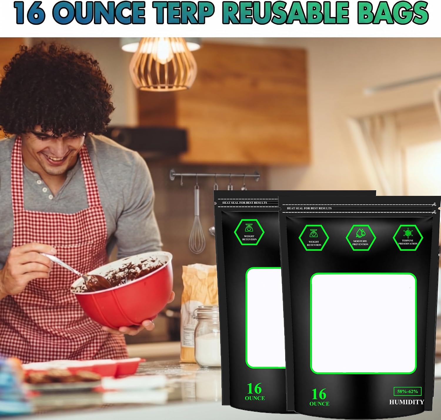 10 PACK 16 Ounce Reusable Terp Bags with 58%-62% RH 2-Way Humidity Control - Heat Sealable Green Square Storage Pouches with Zipper Closure for Curing, Terpene Preservation & Food Storage (10, 1 LB) image 4