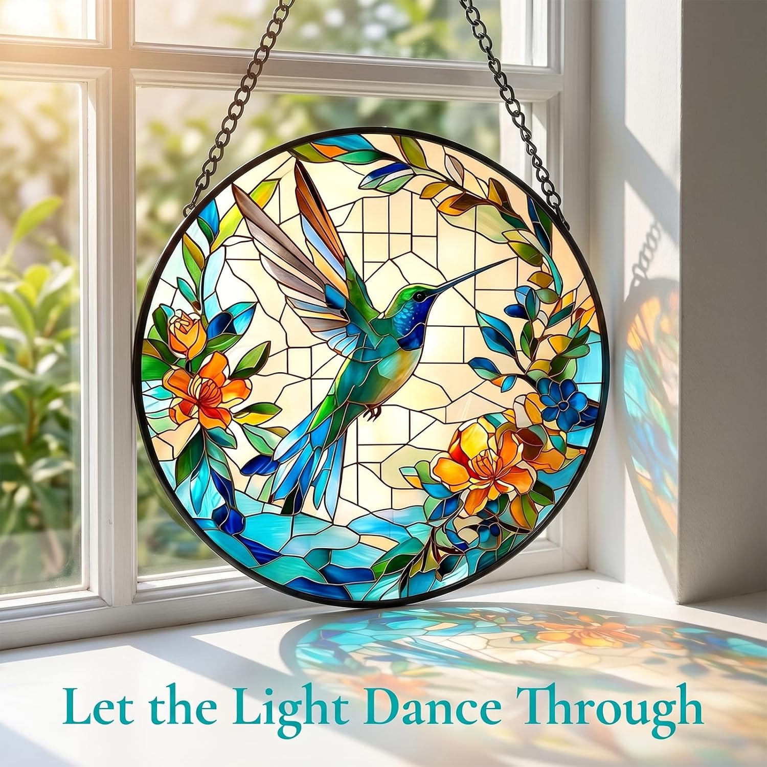 7.8in Stained Glass Window Hanging Hummingbird- Sun Catchers Glass Panel Green Suncatcher Decor for Birthday Gifts for Women, Men, Wife, Aunt, and Mom (Hummingbird-Blue, 7.8in)