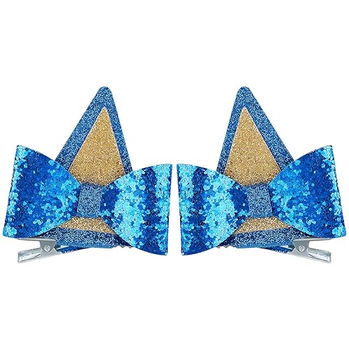 Pinzas para el cabello con orejas de gato azul con purpurina para mujeres y niñas, paquete de 2 pasadores brillantes para disfraz de Halloween,