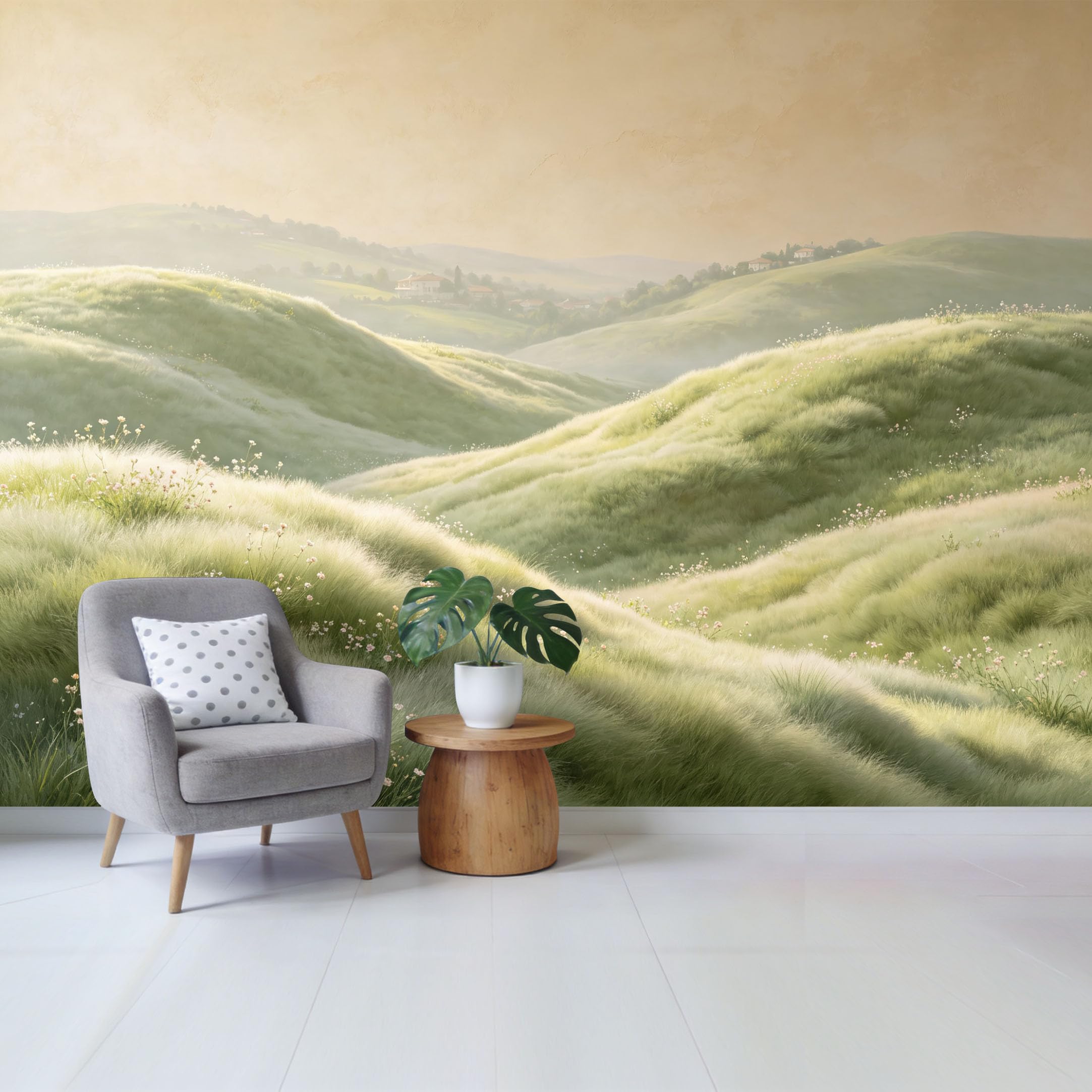 Qzlithotic Yq2605250525 Custom Size Wall Mural Serene Rolling Hills Landscape Soft Meadow Sunlight Textured Aesthetic Selfadhesive Wall Fabric Removable Wallpaper For Home Office Decor