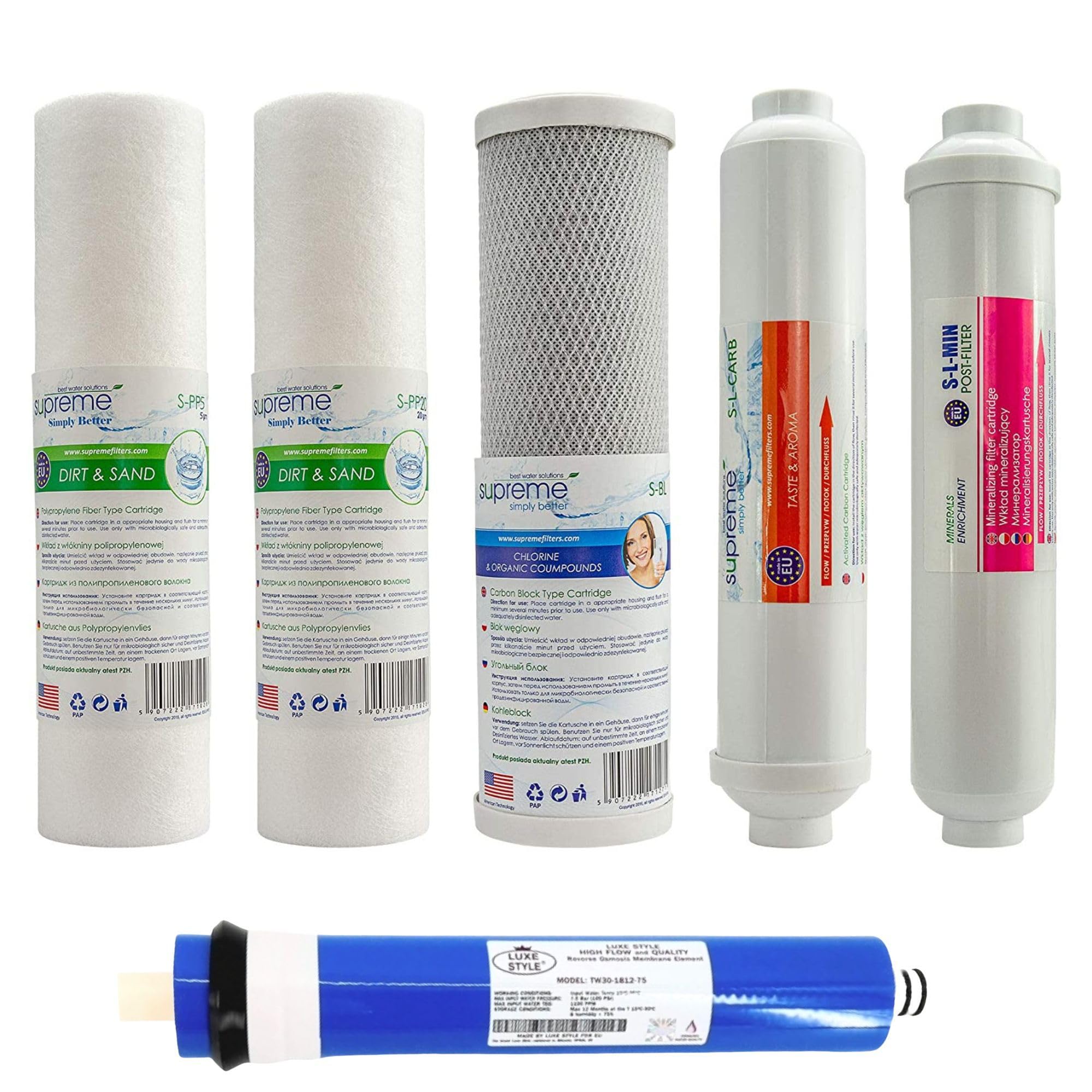 Ersatzfilterset für Supreme-Umkehrosmoseanlage, Filter für Supreme-Osmose, Trinkwasseranlage, Trinkwasserfilter, Osmosefilter, Membranfilter, Osmoseanlage, Membrane, Wasserfilter: (RO6+Membrane)