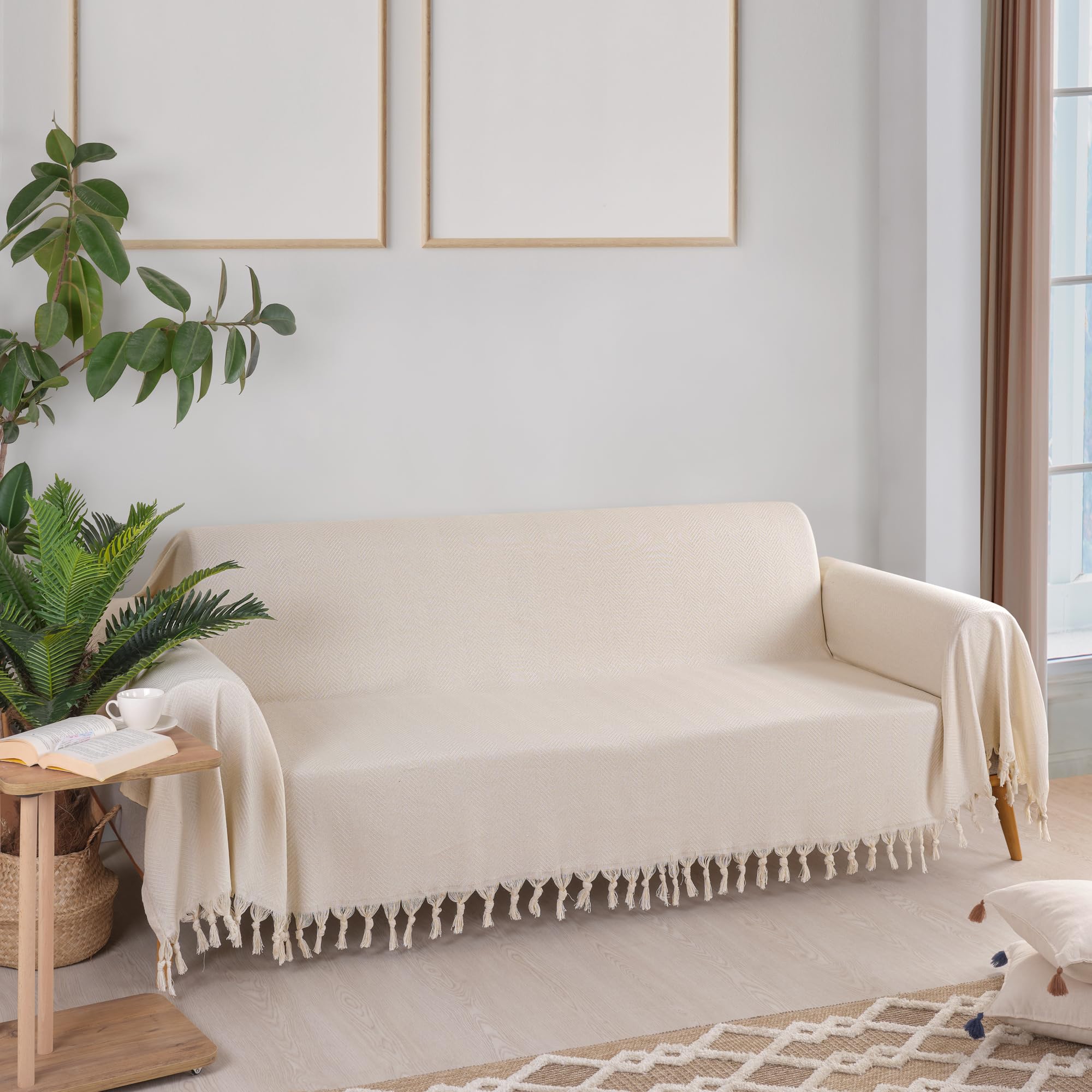 Milam London Sofa Throws Large 3 Seater, Cream, 180 x 300 cm