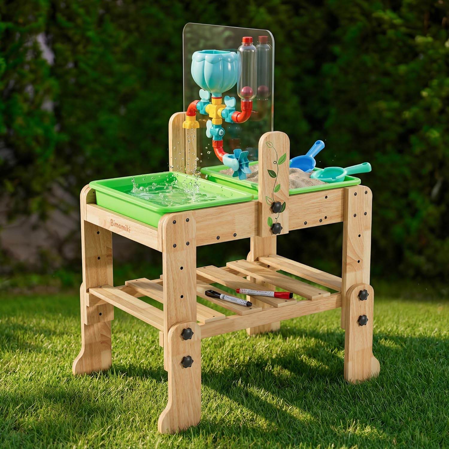Water Table for Toddlers 1-3, 4-in-1 Wooden Sand Sensory Activity Station, Adjustable Montessori Outdoor Play Table, Water Pipe System, Acrylic Drawing Board, Backyard Garden Toy Gift