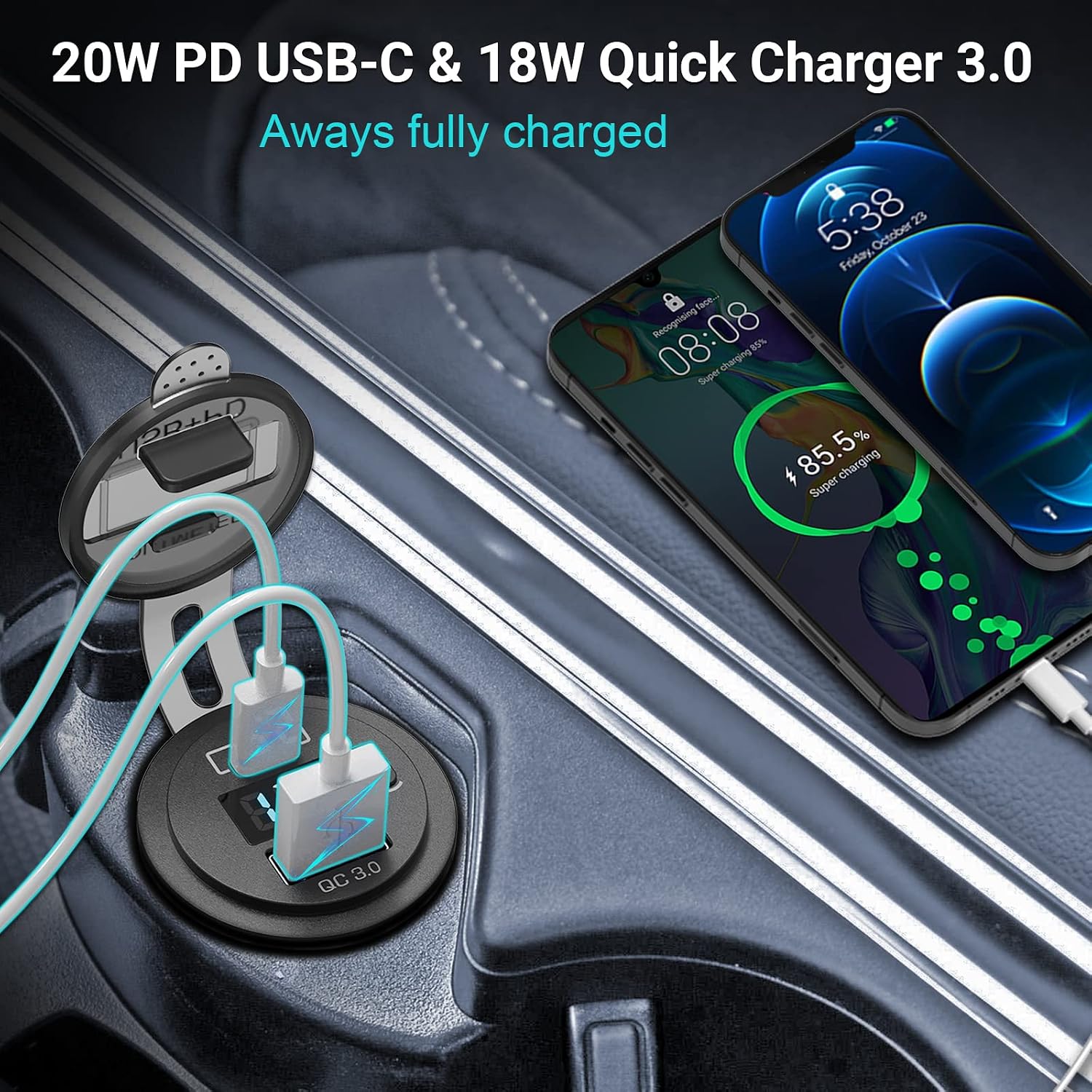 USB C Car Charger Socket, Qidoe 12V/24V Dual USB Outlet PD3.0 & QC3.0 Car USB Port with LED Voltmeter and ON/Off Switch DIY Car Socket for Car Boat Marine Bus Truck Golf RV Motorcycle