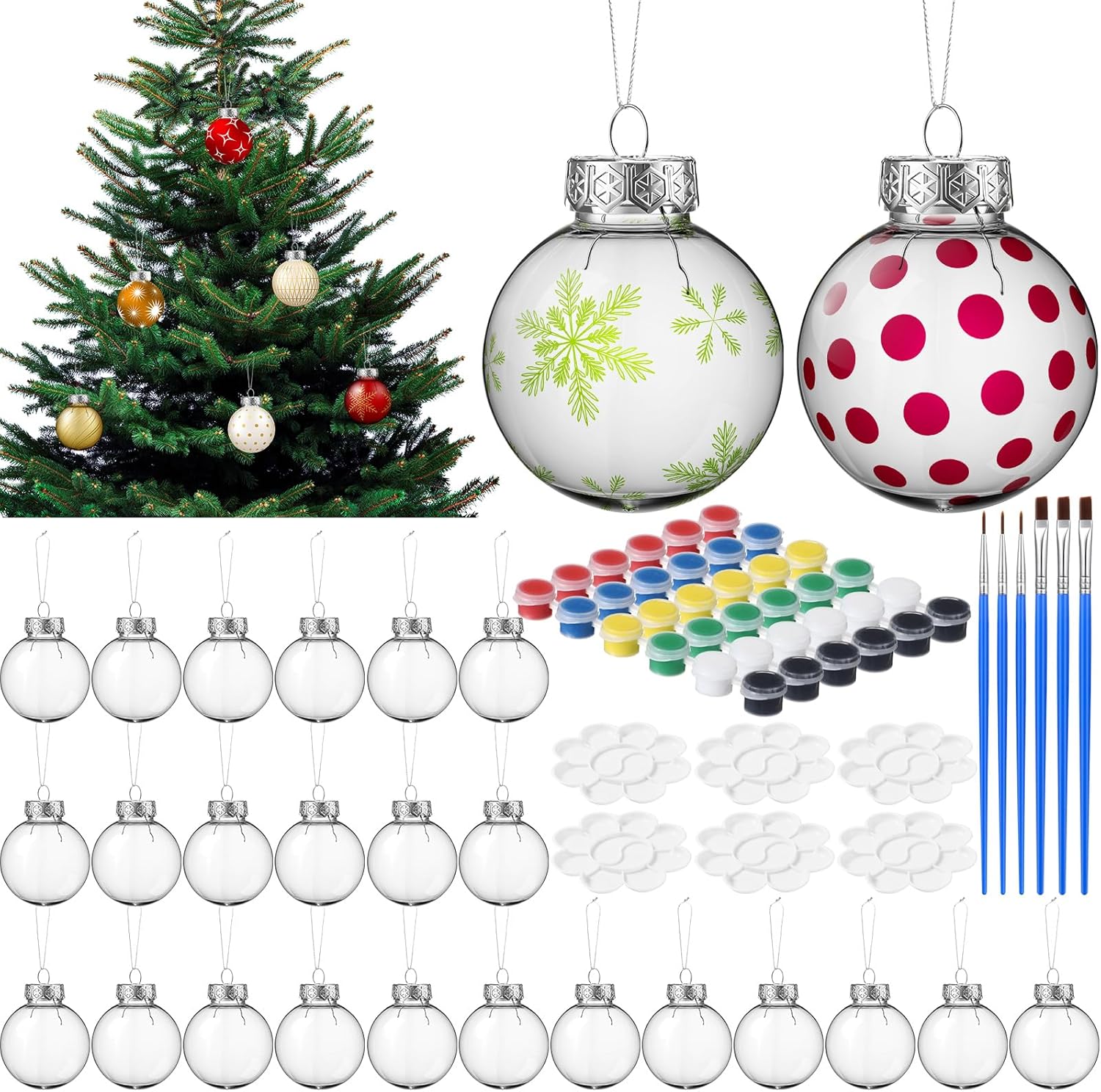 Sumind 24 Set Christmas Ball Ornament for Crafts Fillable DIY Kit with Paint Colors, Brushes & Mixing Tray 2.36 Inch Xmas Tree Decor for Holiday DIY Craft Family Art Projects Party Decoration(Clear)