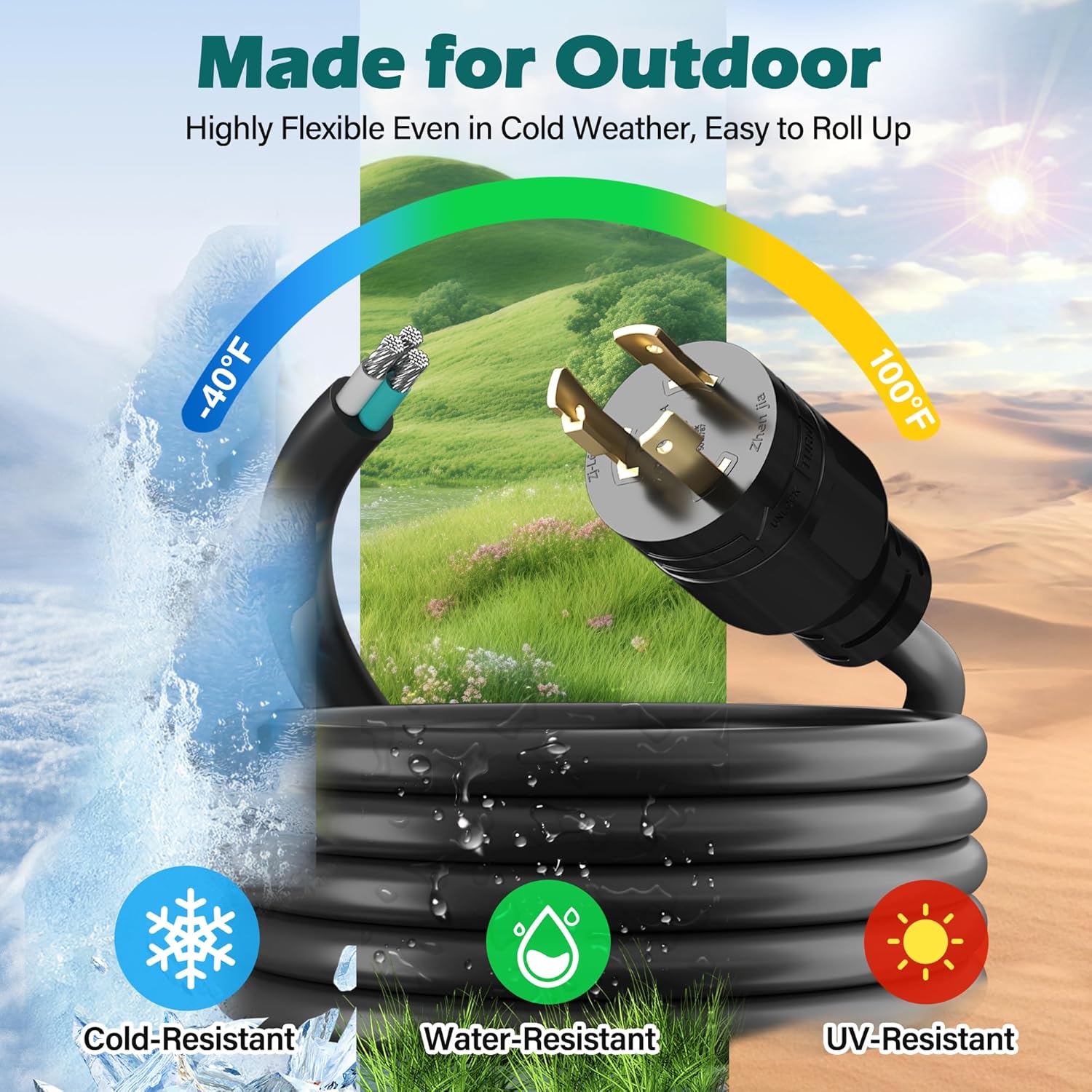 3 Prong 30 Amp RV Replacement Power Cord 10 Ft, NEMA L6-30P to Open End 3 Wire, SJTW Outdoor, Heavy Duty 10/3 AWG 250V 7500W, Locking Plug for Generator EV Trailer Campers Air Compressors-ETL