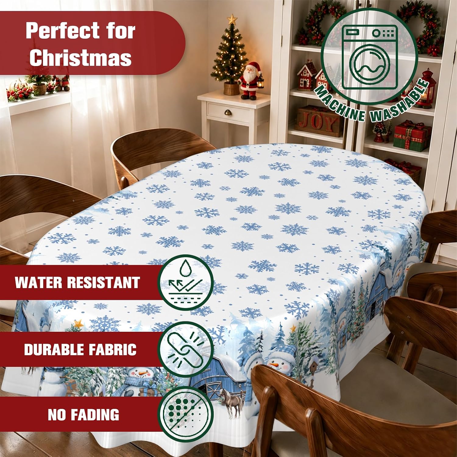 Oval Christmas Tablecloth 60x84 Inch, Farmhouse Blue Snowman Snowflake Christmas Table Cloth, Polyester Waterproof Wrinkle Resistant Xmas Table Cover for Holidays Kitchen Dinning Table Home Decor image 5