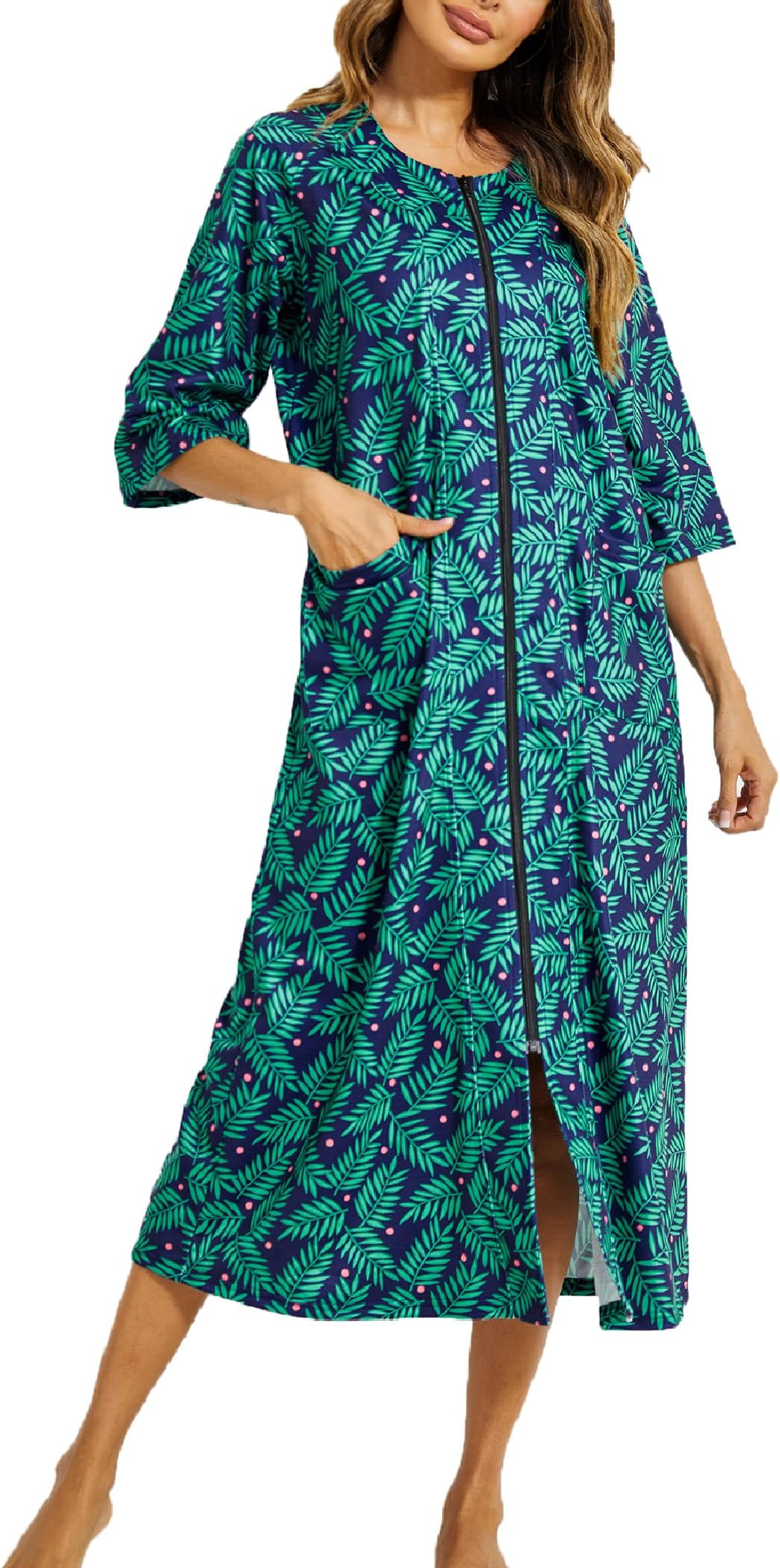 EkouaerWomen's Zipper Robe 3/4 Sleeve Housecoats Full Length House Dress Loungewear Long Nightgown with Pockets