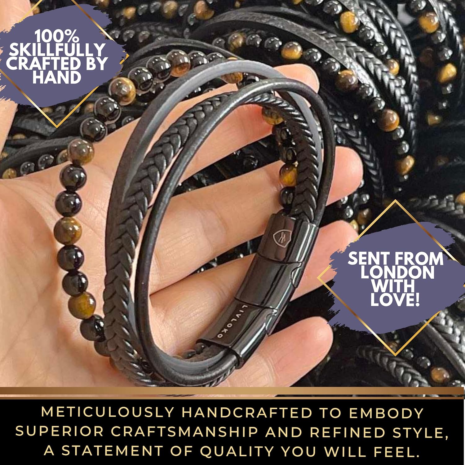LONDON Mens Bracelet Leather Black Multi-Layer Stone Beads Magnetic Adjutable Steel Clasp Viking Rope Bands Surfer Man Wristband Male UK Jewellery Gift box Boyfriend Dad Son Brother Tiger Eye - Image 6