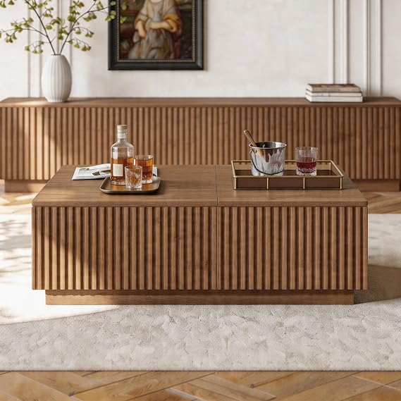 Modern Walnut Coffee Table with 2 Drawers & Lift Top, High-Leg Design for Easy Cleaning, 130x70x49cm (Walnut, 130 * 70 * 48cm （Floor-standing grid version）)