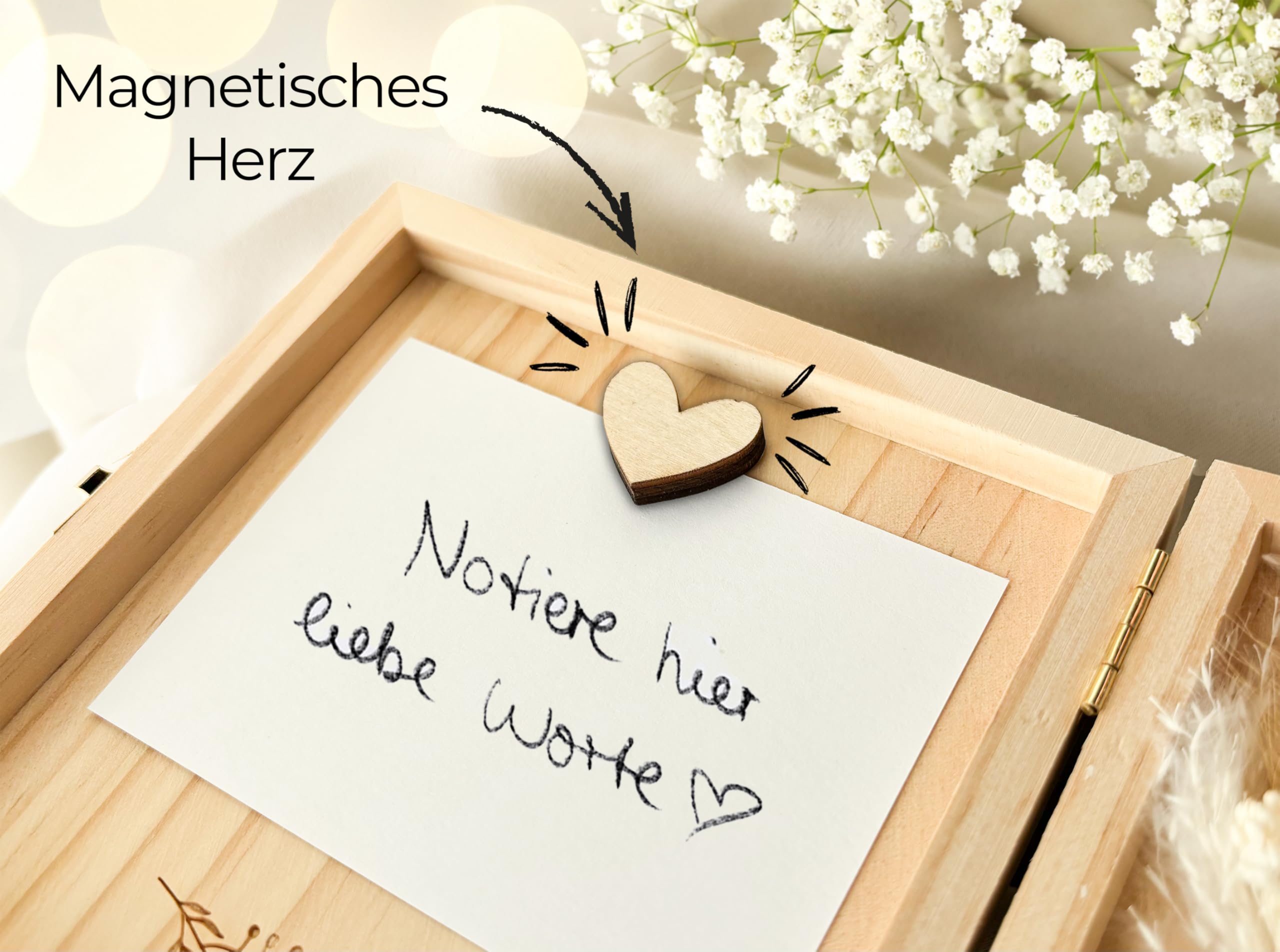 Joli Coon Goldene Hochzeit Geschenk - Zum 50. Hochzeitstag die besten Glückwünsche - Hochwertige Geschenk goldene Hochzeit Holzbox 14 x 14 x 3 cm