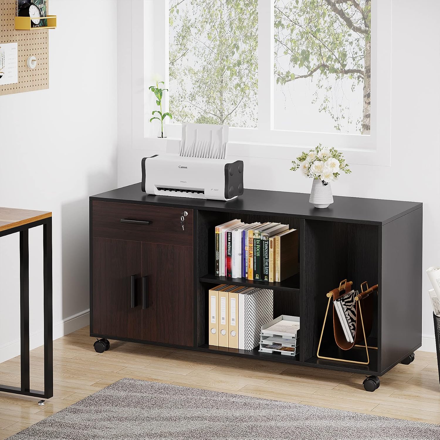 El lateral file cabinet in use, showing a printer on top, books and files in open shelves, and a closed cupboard.