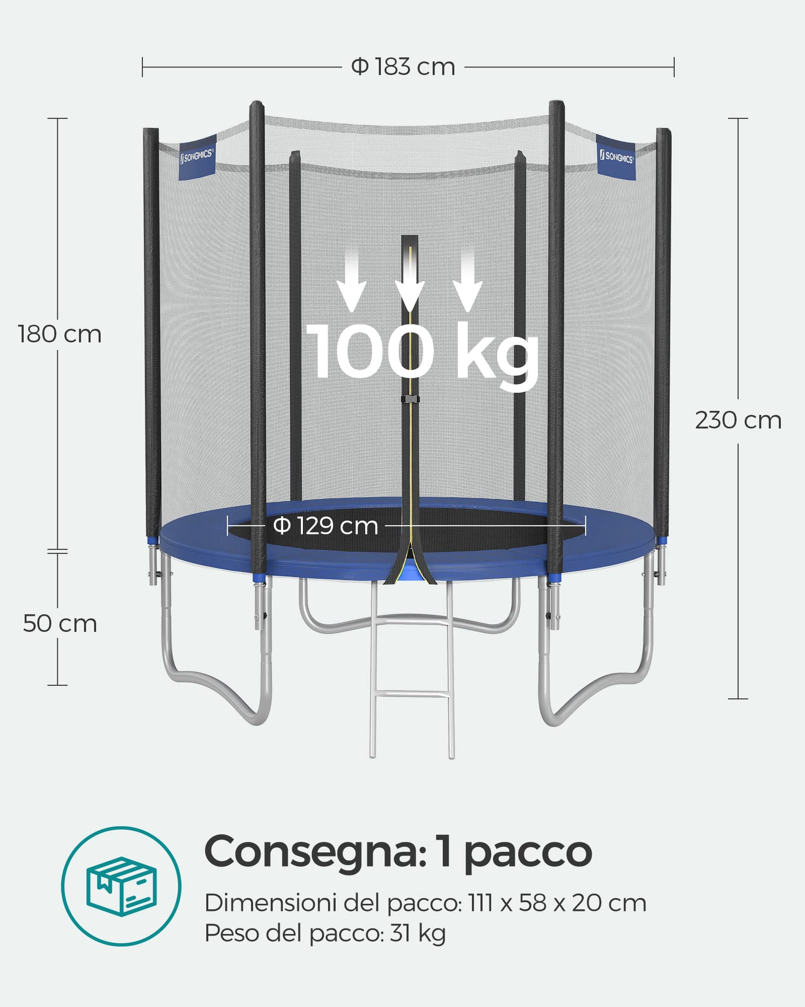 SONGMICS Trampolino esterno bambino diametro 183/244/305/366/427 cm, rete di protezione esterna, cuscini di sicurezza, scala, palo dritto alto 180 cm, telaio in acciaio