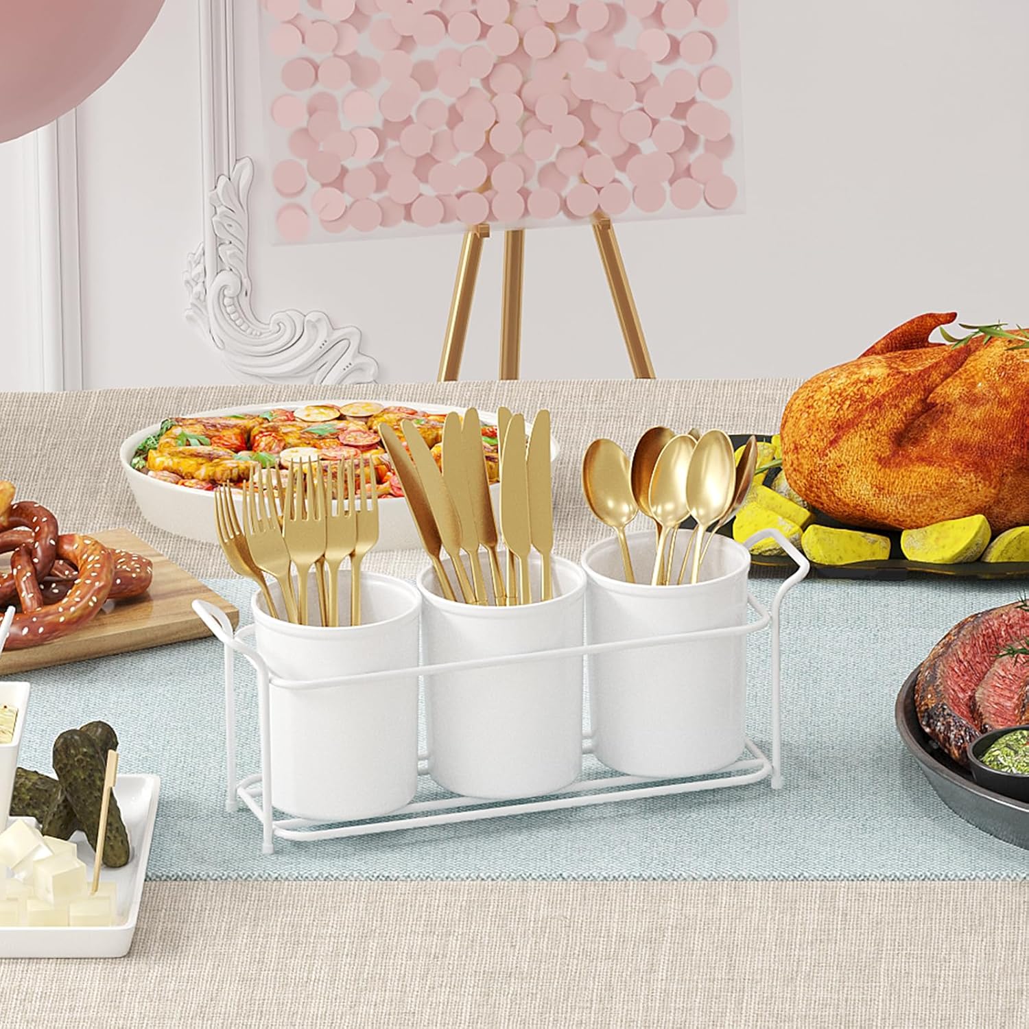 Lifewit Plastic Silverware Caddy with Metal Rack, Utensil Holder for Party, Cutlery Flatware Organizer for Kitchen Countertop, Forks Spoons Knives Storage for Picnic Camping Outdoor Buffet, White