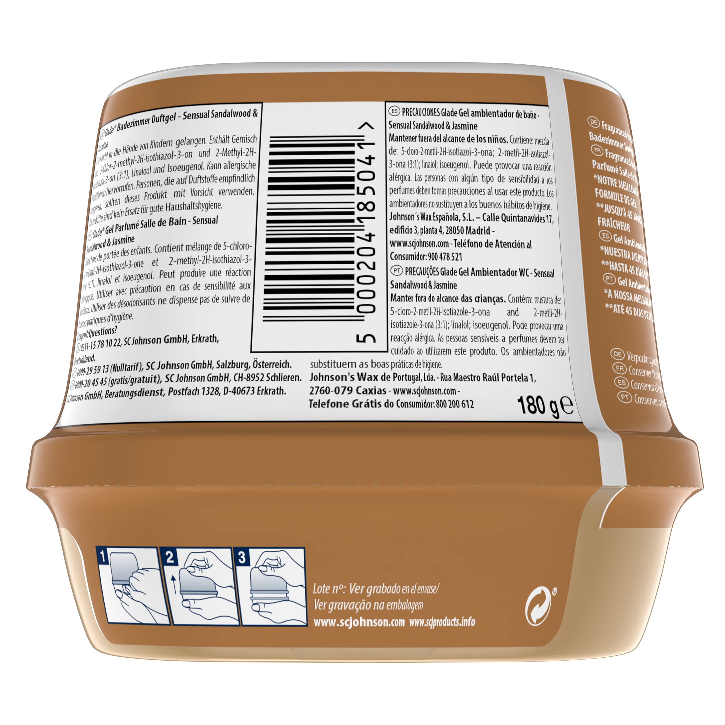 Glade Badezimmer Duftgel, Duft: Sensual Sandalwood & Jasmine, 8er Pack (8 x 180g)