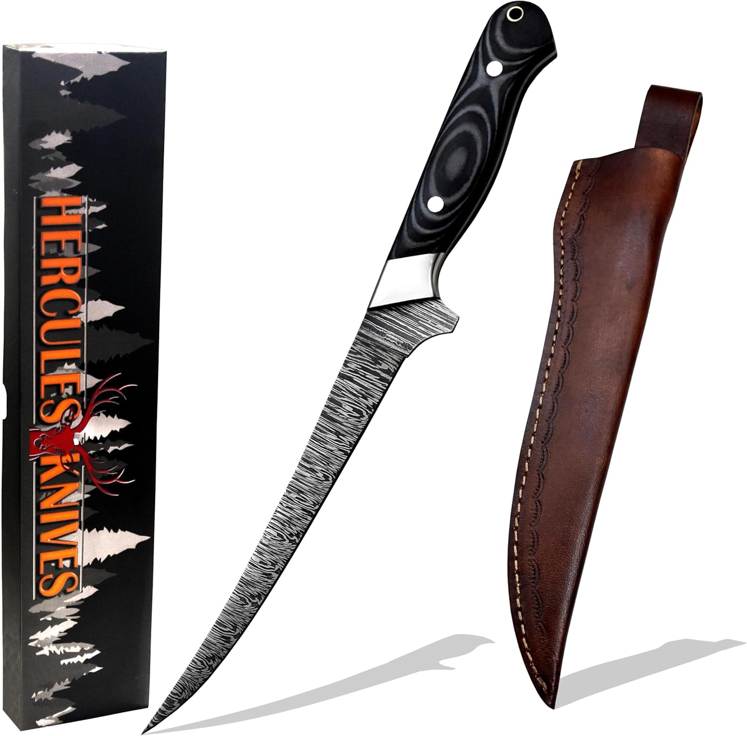 Custom Hand Forged Damascus Steel Fillet Knife Fisherman's Filet G-10 Micarta Handlle Leather Sheath Fixed Blade Handmade Knife Ultra Sharp Edge(Damascus Steel)