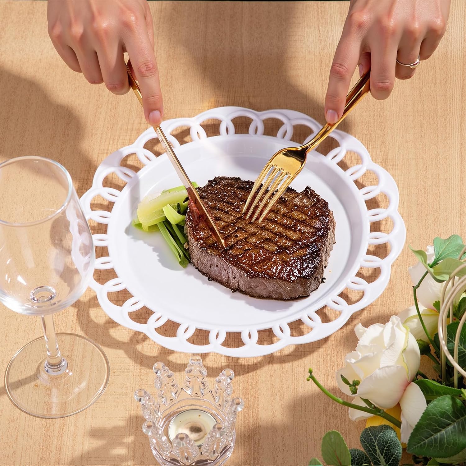 COLOSUS 60pcs White Plastic Plates Set,Fany White Baroque Plates for 30 guest.Elegant Lace Rim Design Disposable Plate include 30 Dinner plates and 30 Dessert plates for Party,Halloween,New Year - Image 7