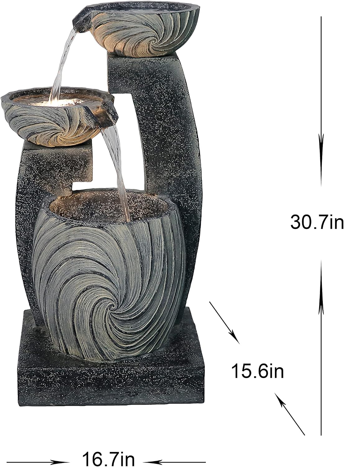Hi-Line Gift Ltd. 3 Tiers Modern Cascading Water Fountain Outdoor with Warm White LEDs, Gray