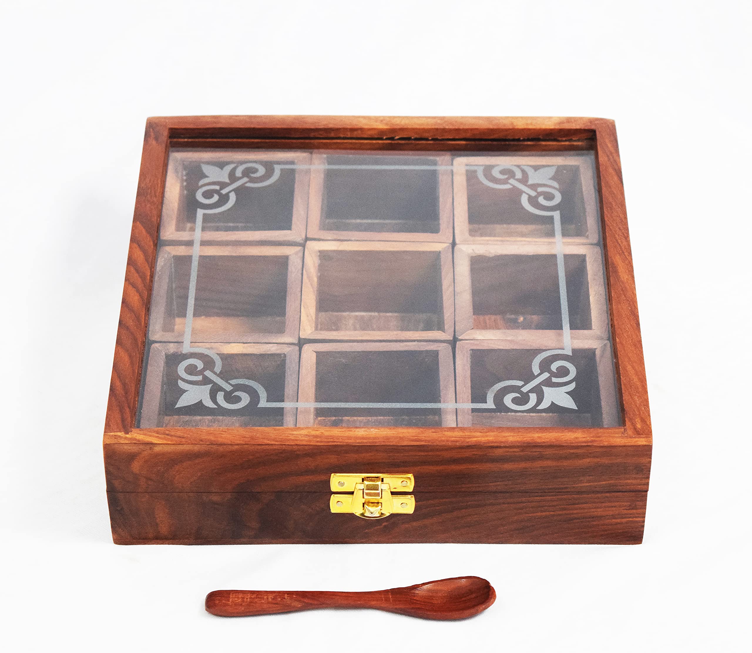 Woodiva Aufbewahrungsbox für Gewürze aus Holz für Küchenbehälter mit Löffel (9 Behälter)