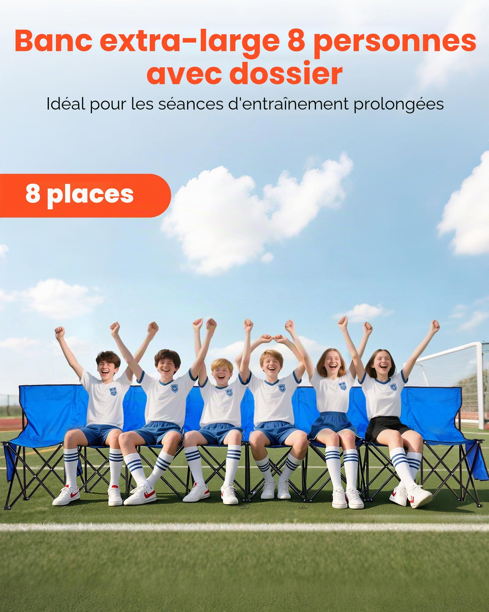 VEVOR Banc Pliant Portable à 8 Places, Banc de Camping Pliable avec Poches de Rangement et Sac de Transport, siège latéral léger avec Dossier pour Football, Baseball et événements en Plein air, Bleu