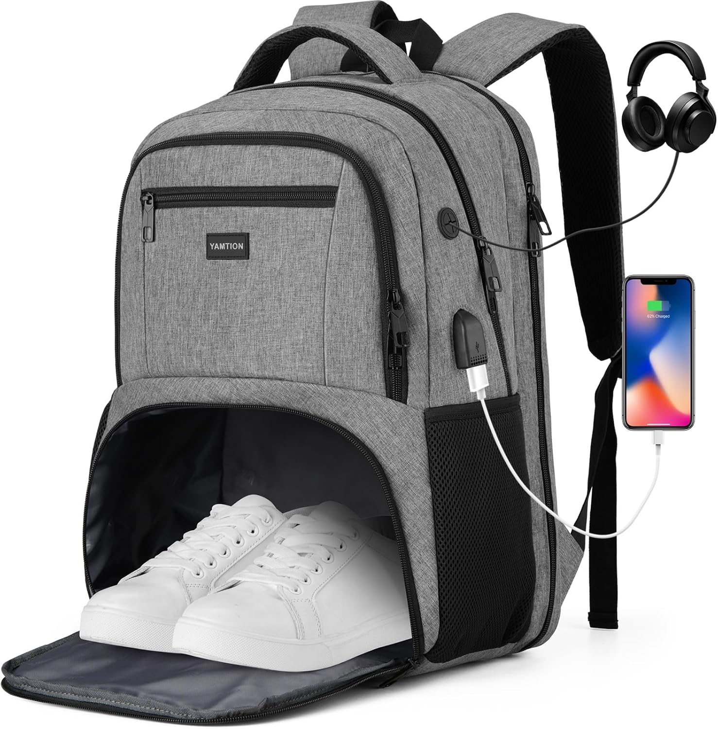 YAMTION 17,3 Inch Laptop Backpack for Men,Gym Backpack with Shoe Compartment,Bookbag for Boys Teens with USB Port for Sports Essentials Wrestling Athletic Bowling Gymnastics