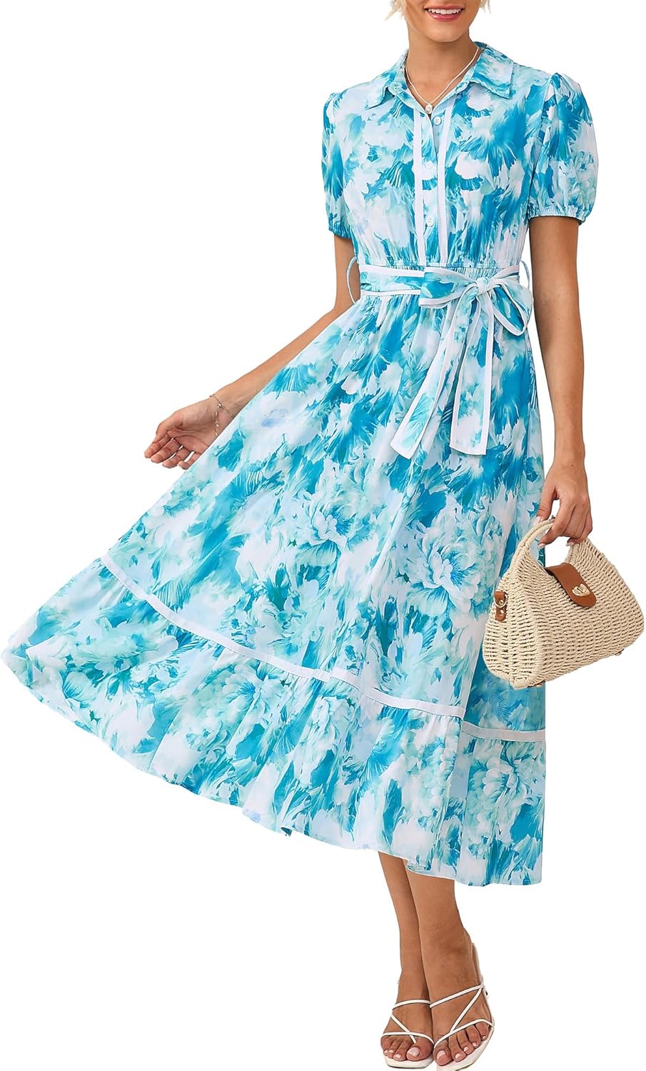 GRACE KARIN Women Summer Floral Maxi Dresses 2026 Wedding Guest Puff Sleeve Shirt Sundresses Boho Spring Clothes with Pockets