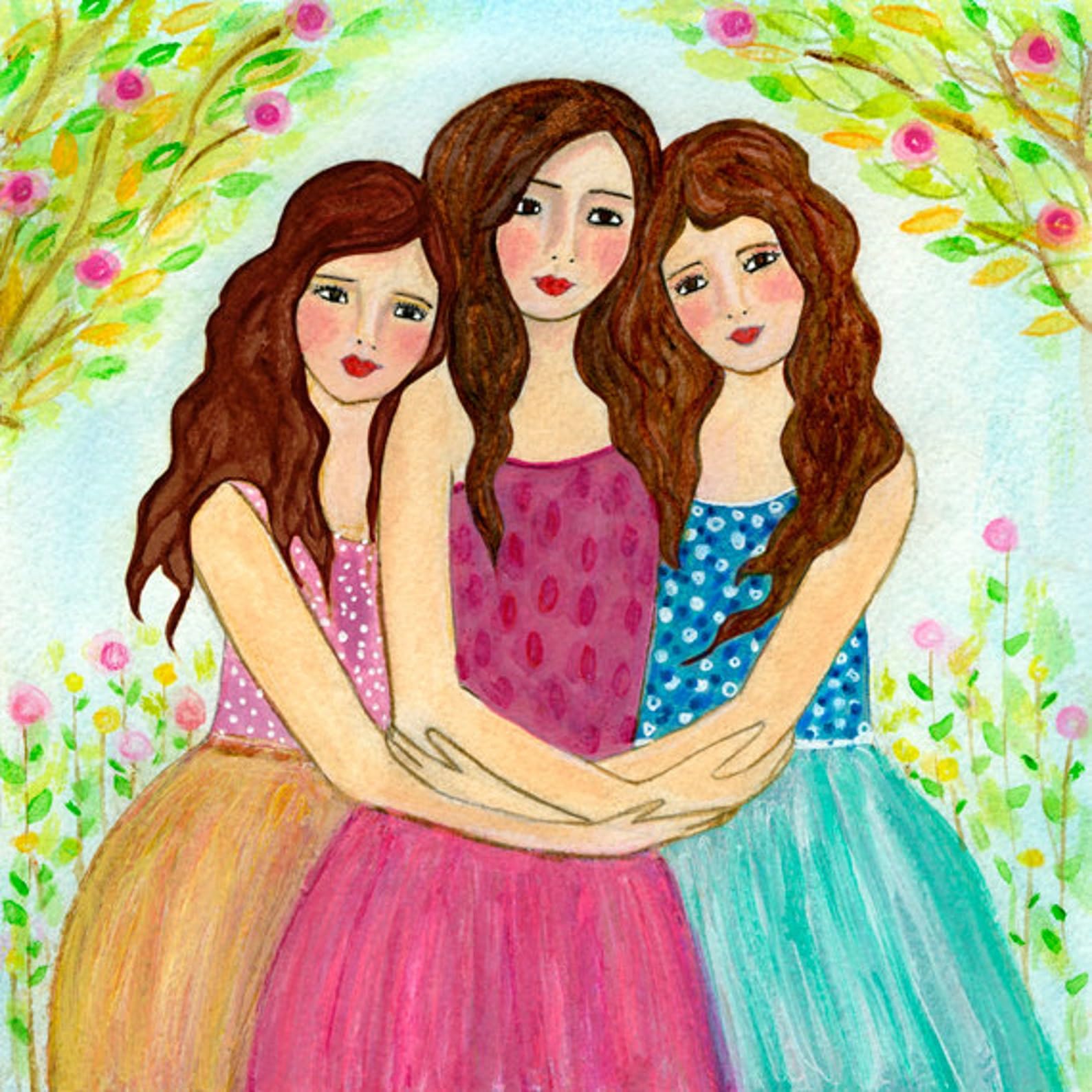 Three Sisters Art Print Three Best Friends Three Brown Hair Girls