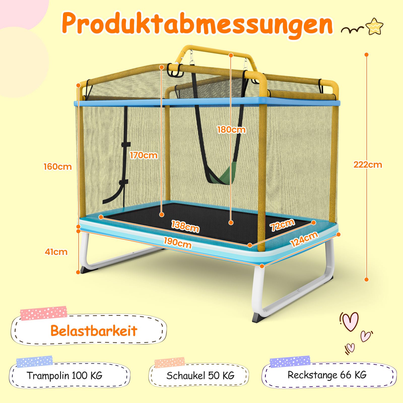 COSTWAY 3 in 1 Kindertrampolin, Fitness Trampolin Outdoor | Gartentrampolin rechteckig mit Schaukel & Reckstange, Trampolin mit Sicherheitsnetz für Kinder ab 3 Jahren