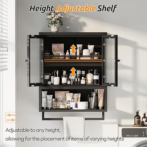 Miniatura 3 de Armario de pared para baño, gabinete de almacenamiento para ahorrar espacio sobre el inodoro, botiquín con 2 puertas de vidrio y toallero, gabinete