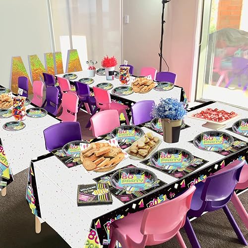 Miniatura 4 de Suministros para fiestas de los años 80  20-81 piezas, platos, servilletas, manteles, tenedores para decoraciones de fiesta de cumpleaños temáticas