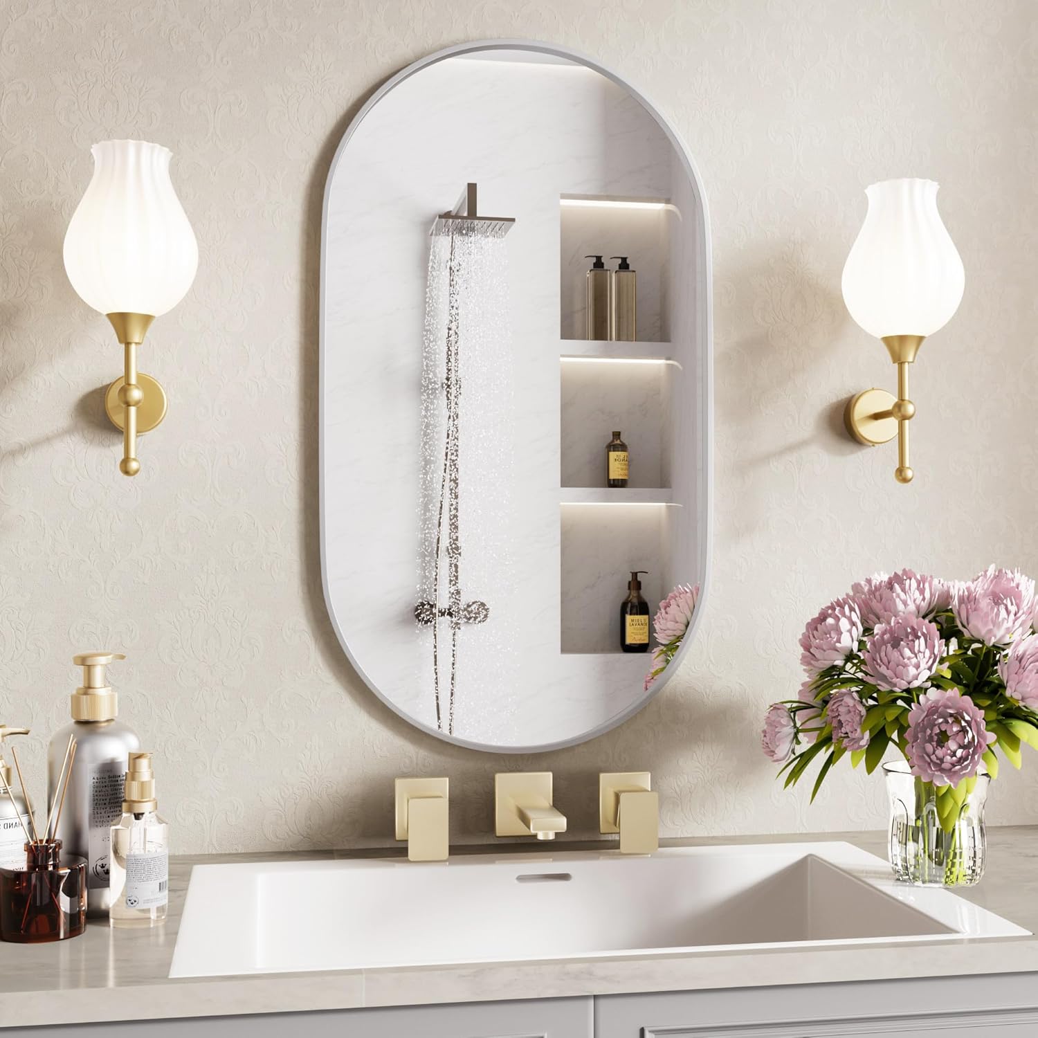 Protylctaster Oval Bathroom Mirror,20x28'' Silver Mirror,Wall Mirror,Bathroom Mirror Oval,Pill Shaped Mirror,Entryway (Silver)