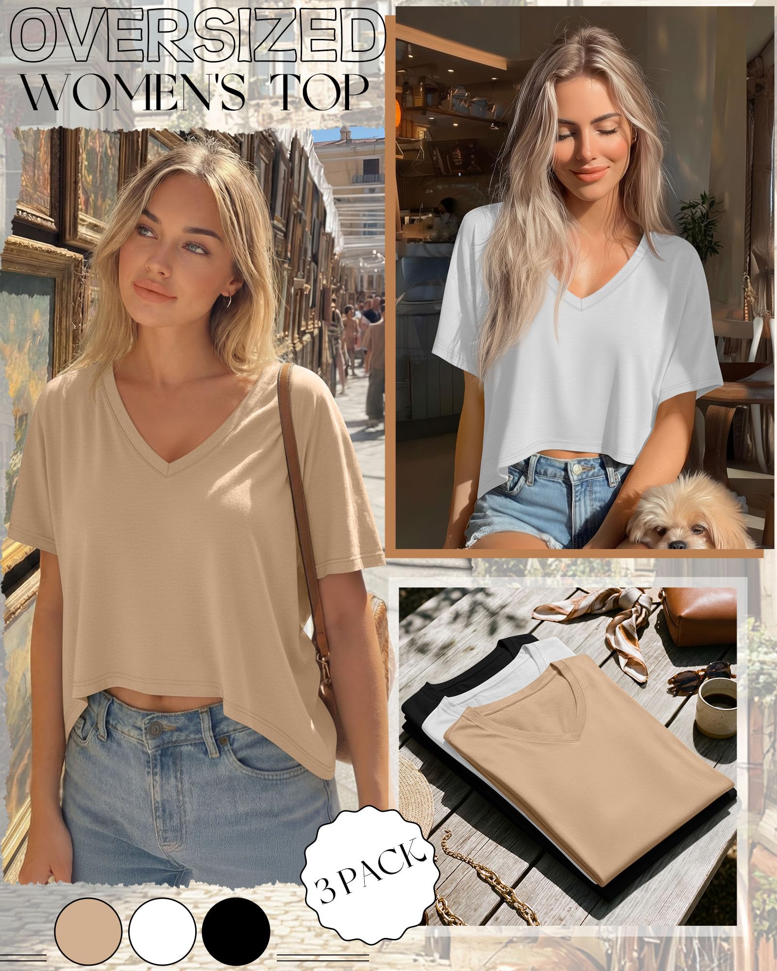 Geyoga Lot de 3 Crop Tops Oversize Femme Col V | T-shirts Amples, Hauts Manches Courtes, Tops À Ourlet Asymétrique, Vêtements Respirants, Tenue Décontractée, Mode