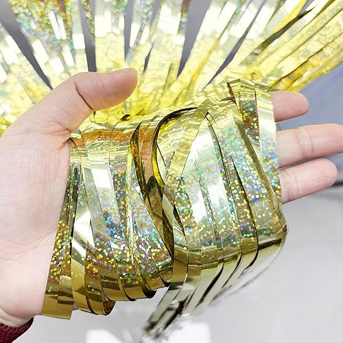 Miniatura 2 de BRAVESHINE Telón de fondo de fiesta con serpentinas de oropel dorado, paquete de 2 cortinas de flecos metálicos de 3.2 x 8.2 pies para Navidad, Año