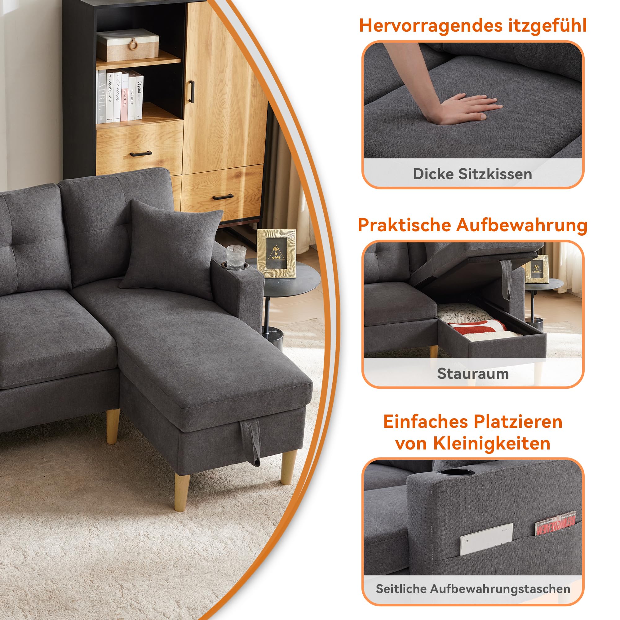 Bladez Sofá esquinero de 3 plazas en forma de L con espacio de almacenamiento y soporte para bebidas, sofá reversible con 2 cojines, sofá de lino de algodón para salón, oficina y apartamento (gris