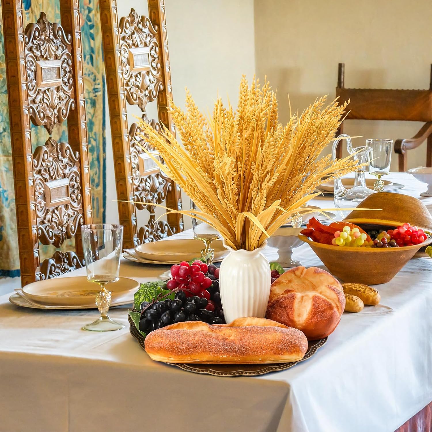 Holy Communion Table Decoration Set Mesas De Santa Ceia 3 Fake Bread 5 Bunches Fake Grapes and 25 Dried Wheat Stalks Eucharist Table Decor for DIY Church Santa Ceia Holy Communion Supplies