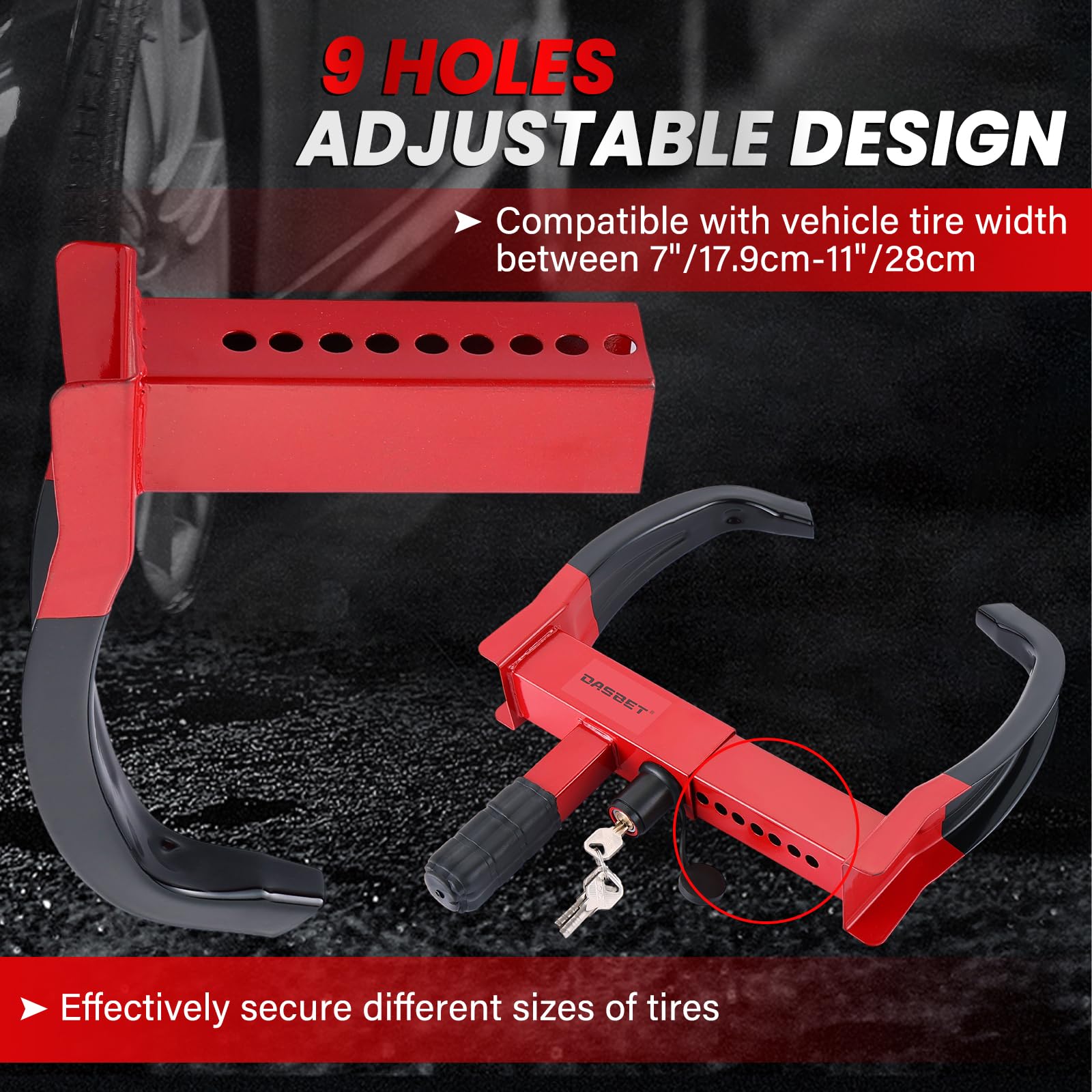 DASBET Morsetto antifurto per ruote con 3 chiavi, regolabile, per pneumatici di larghezza da 17,8 a 27,9 cm, morsetto di sicurezza per auto, roulotte, rimorchi